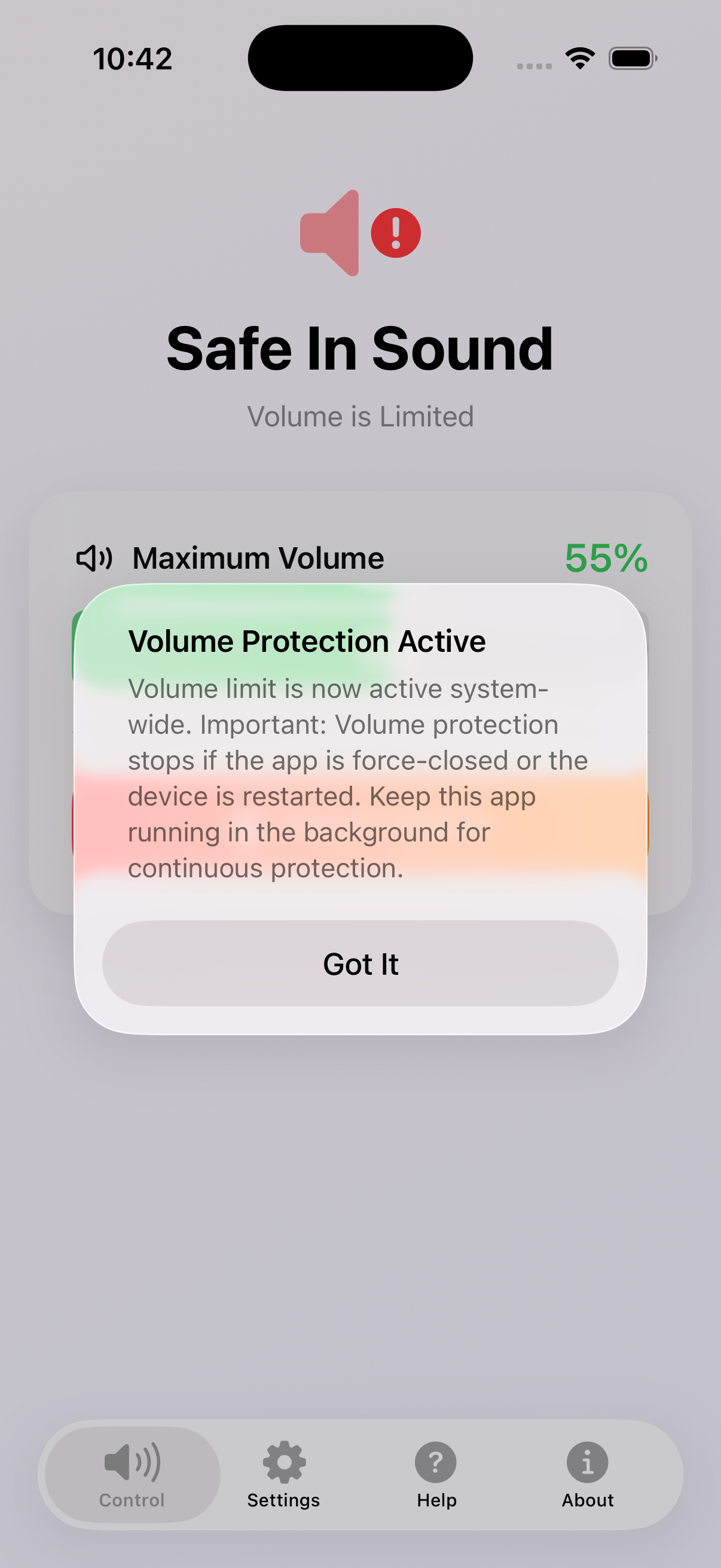 Safe in Sound app main screen