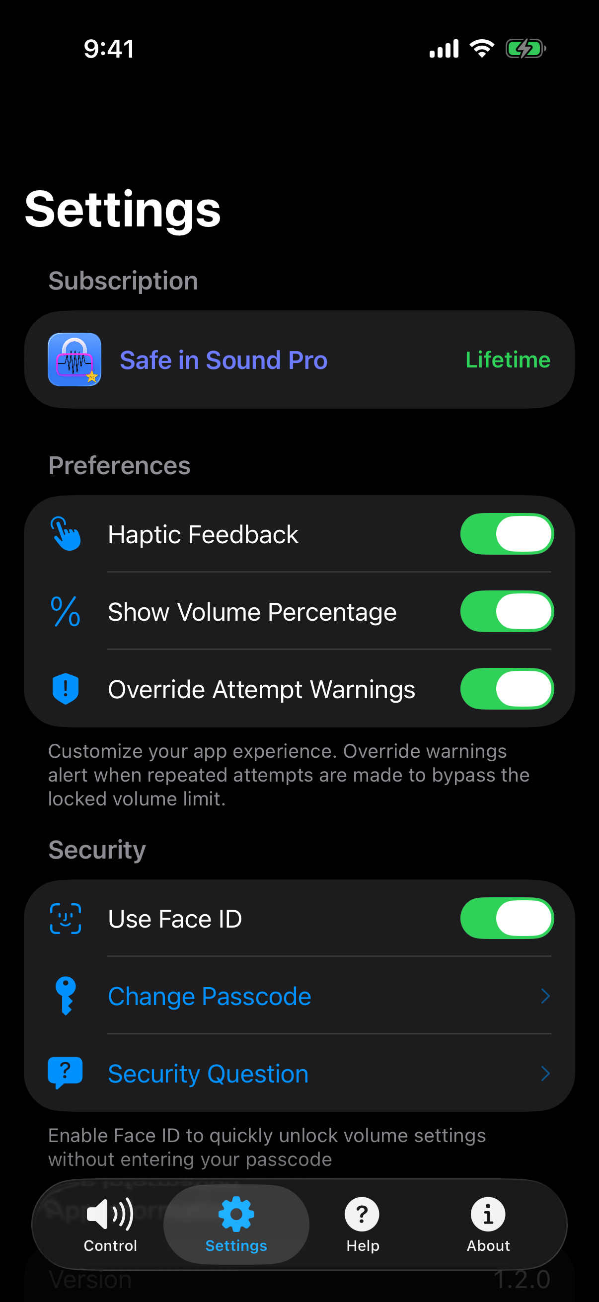 App settings screen