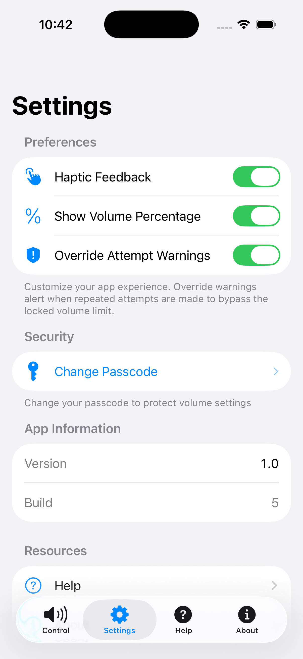 App settings screen